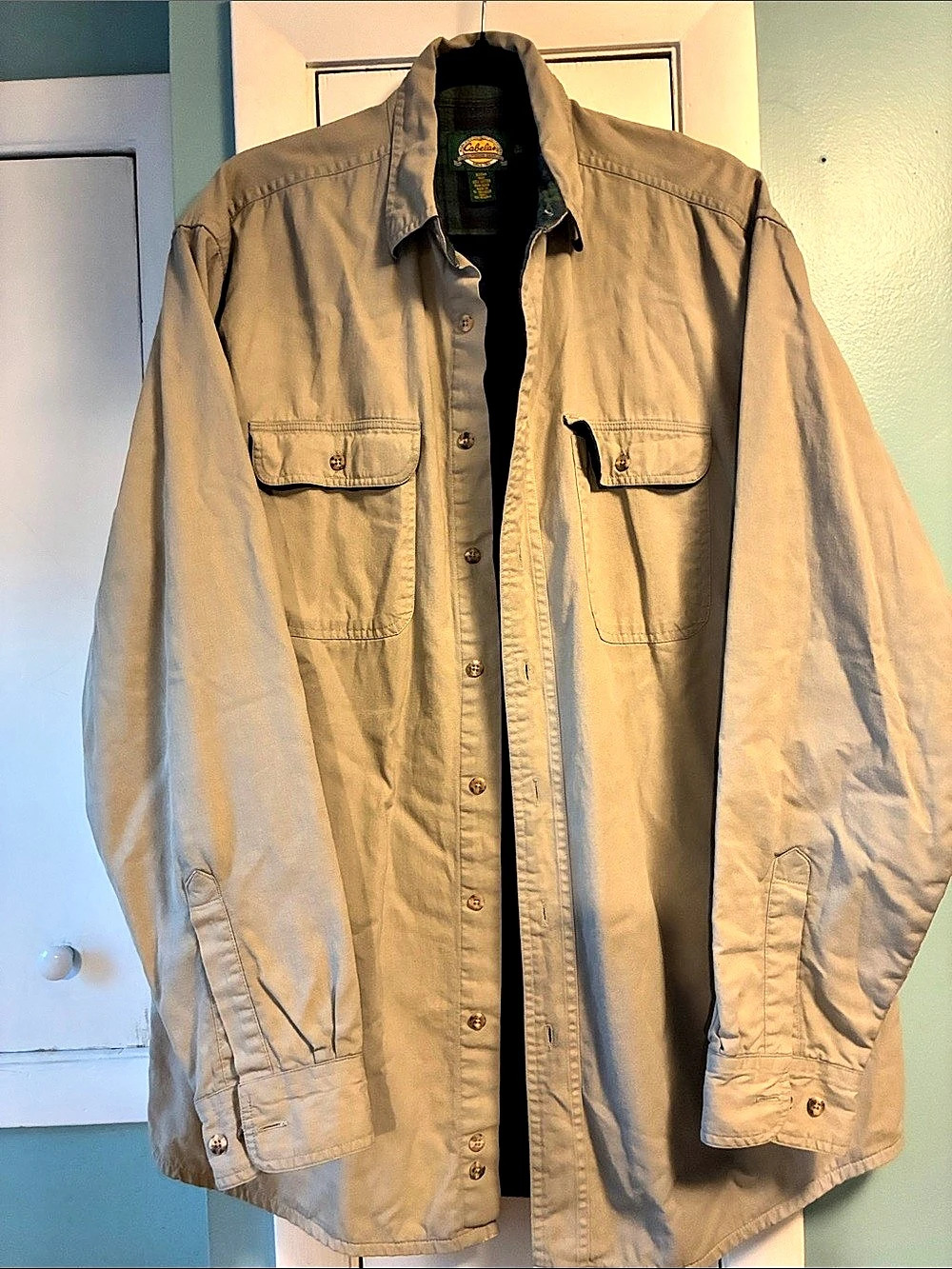 Cabela’s Men’s Heavyweight Cotton Flannel Lined Shirt Jacket Khaki Tan L TALL